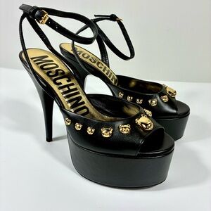 Moschino Teddy Bear Studded Leather Platform Stiletto Sandals Heels Black NEW